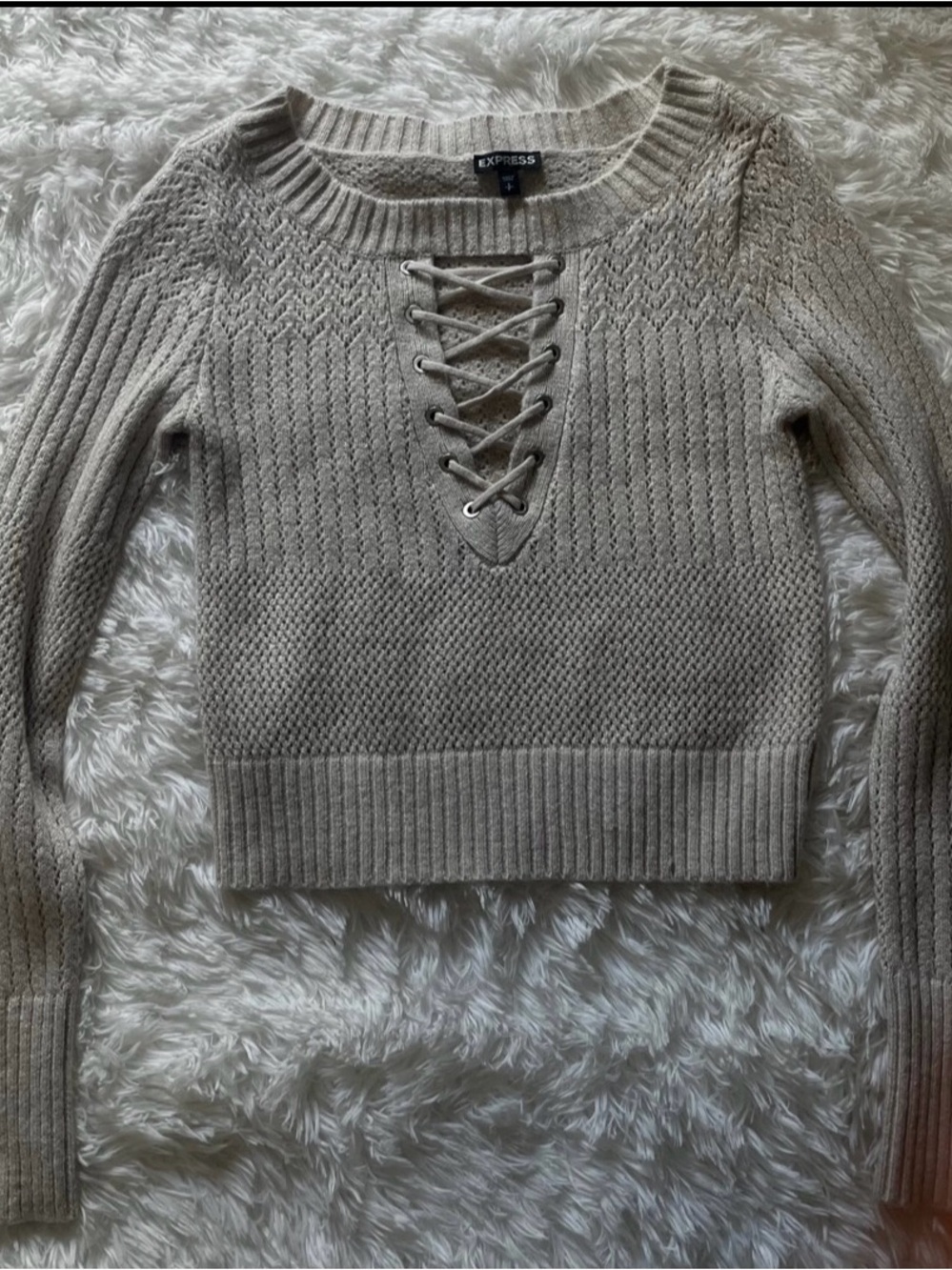 Express Lace-Up Cable Knit Sweater in Cream, Size Small